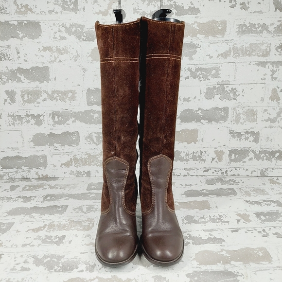 Franco Sarto Tall Brown Leather Suede Block Heel Rounded Toe Boots X230 - Picture 3 of 15